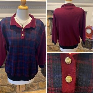 Vintage Cape Cod Plaid Color Block Pullover Collared Sweater with gold trim